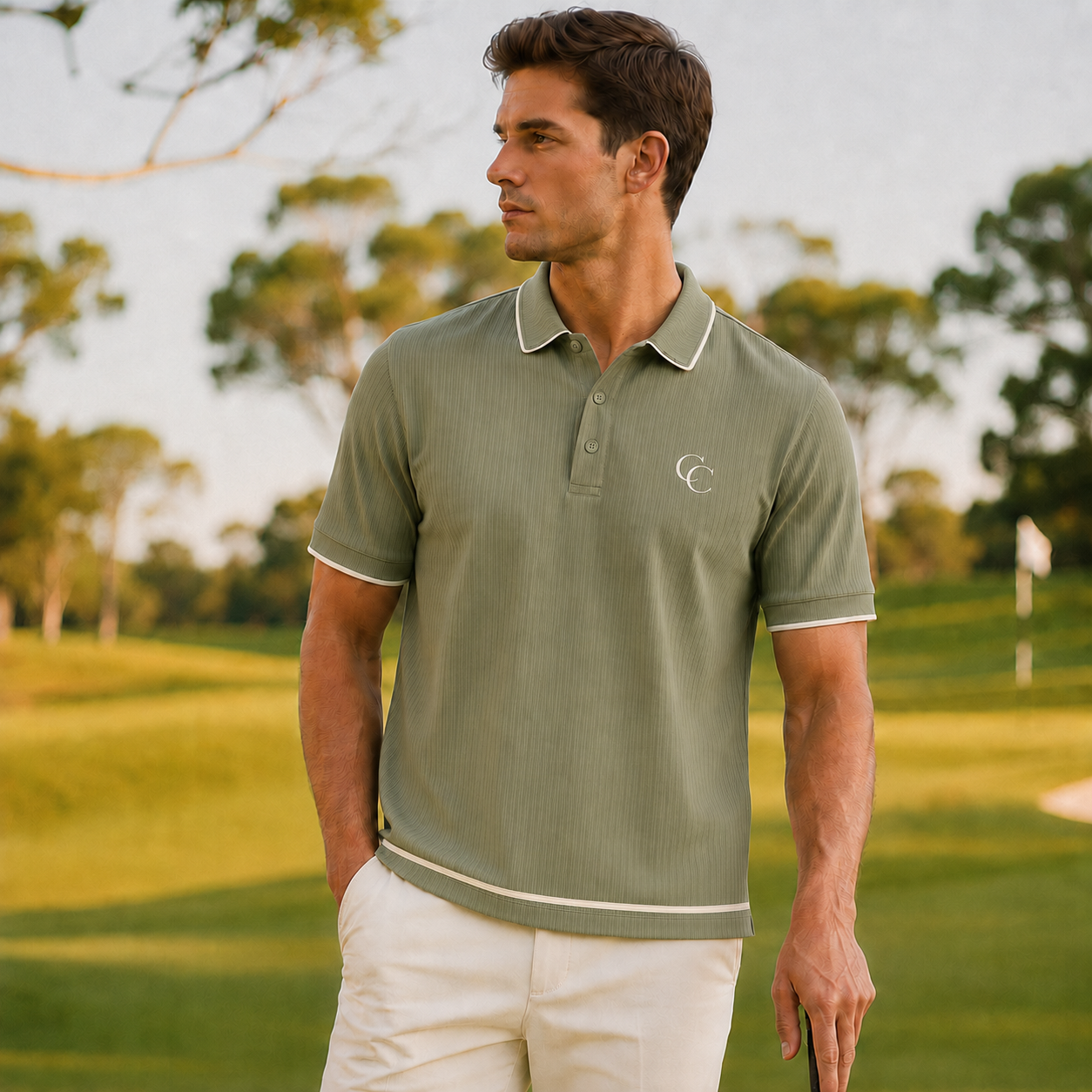 The Calder Ribbed Golf Polo — Sage Green