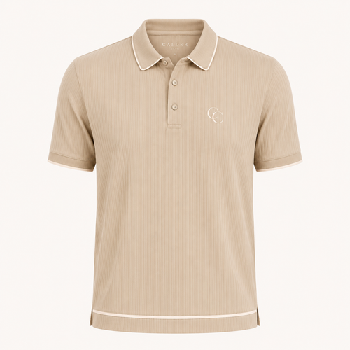 The Calder Ribbed Golf Polo — Sand Beige